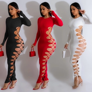 Women Sexy Round Neck Long Sleeve Bodycon Maxi Dress Side Cut Out Criss Cross Lace Up Solid Color Tight Floor Length Skirt