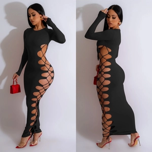 Slim fit black long sleeve maxi dress featuring full-length side lace-up cutout details