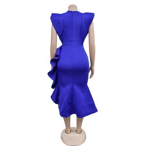 Back view of Klein blue bodycon fishtail dress with ruffle details and hidden zipper