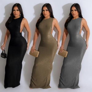 Women Shimmer Backless Maxi Dress Round Neck Sleeveless Side Cutout Split Elegant Evening Party Gown Formal Wedding Guest Dress