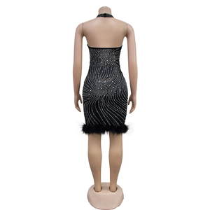 Vue de dos de la mini robe dos nu noire avec strass rayonnants et bordure en plumes