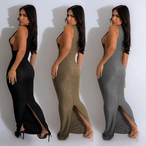 Detailed close-up of side slit on shimmering sleeveless maxi dress in three colors
