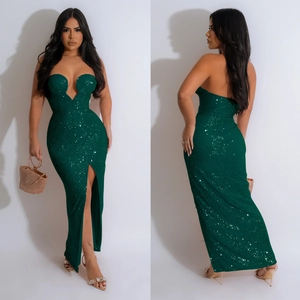 Front and back view of elegant deep green sequin dress with high slit and plunging neckline