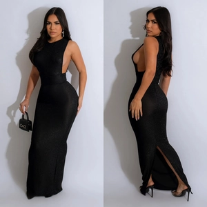 Elegant sleeveless black sequin maxi dress featuring a side cutout and rear split design
