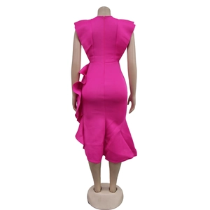 Rear view of rose red bodycon dress featuring asymmetrical ruffle and back zipper