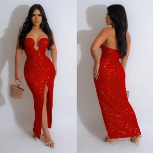 Elegant red sequin strapless maxi dress with high slit, front and back view details