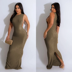 Elegant sleeveless backless olive green shimmering maxi dress with a side slit detail