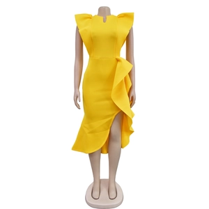 Detail view of bright yellow ruffle dress with asymmetric hem and elegant belt