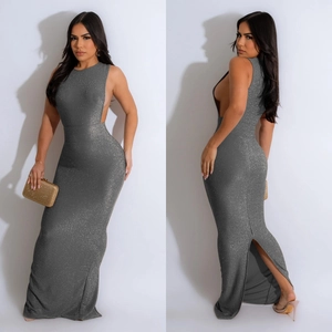 Elegant grey sequin maxi dress featuring a sleeveless crew neck and side slit design