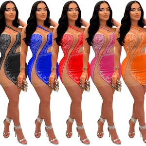 Detailed view of mesh rhinestone bodycon dresses in five vibrant solid color options