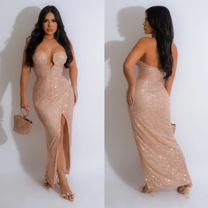 Sparkling rose gold sequin evening gown with deep V-neck and high side slit detail