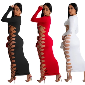 Sexy long sleeve bodycon maxi dress with side hollow-out lace-up design in three colors