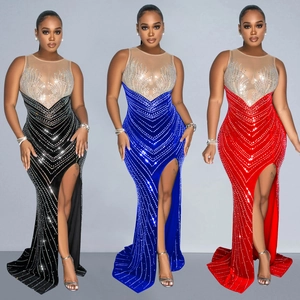 Robe de Soirée Élégante avec Épissage de Maille et Strass pour Femmes Sans Manches Fente Haute Coupe Ajustée Longue Robe de Banquet