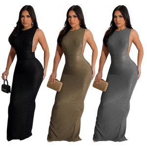 Detail view of side cut-out and backless design on slim fit glitter evening maxi dress