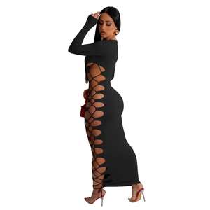 Detail of the side hollow-out lace-up design on this sexy black slim-fit maxi dress