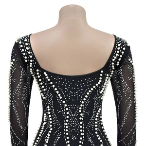 Detail of sheer black mesh dress with silver rhinestones and white pearls on the back