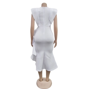 Detailed back view of white sleeveless dress with ruffle trim and hidden zipper