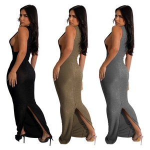 Women's elegant backless side slit maxi dress with shimmering glitter fabric texture