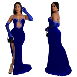 Détail de la robe en velours bleu roi avec strass et gants longs assortis inclus