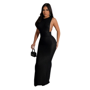 Detail view of a black slim-fit sleeveless evening dress with back cut-out and sequins
