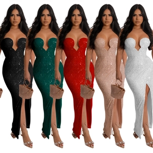 Detail of sequined maxi dresses in five colors featuring V-neck and high side slits