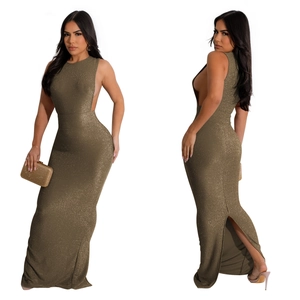 Detailed back view of a sleeveless sequin bodycon dress with an elegant high side slit