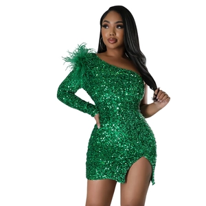 Emerald green one-shoulder sequin party dress with feather trim and side slit