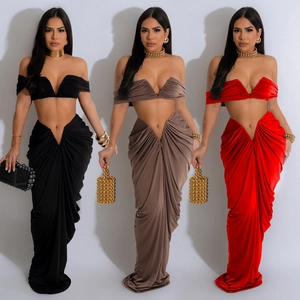 Damen Trägerloses Gerafftes Top Und Bottom Set Elegant Sexy Off Shoulder Crop Top Und High Waist Maxirock Party Clubwear Outfit