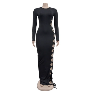 Detail of black long sleeve bodycon maxi dress with side hollow-out and lace-up design
