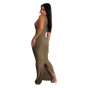 Detailed back view of a bronze sequined backless maxi dress with a side slit detail