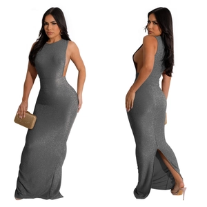 Detail view of grey bodycon dress featuring shimmering fabric and side cutout design