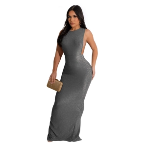 Front view of sleeveless grey sequin maxi dress with elegant floor-length mermaid silhouette