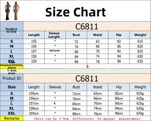 Tableau des tailles pour robe longue dos nu en résille et strass montrant les mesures S-XXL
