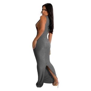 Detail view of the deep side cutout and shimmering grey fabric on this slim fit maxi dress