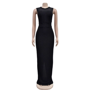 Detailed close-up of black shimmering fabric on a sleeveless split maxi dress for women