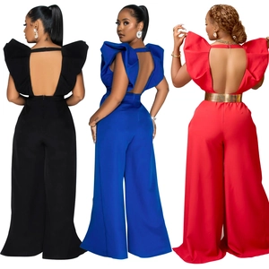 Combinaisons dos nu pour femmes avec col en V et manches à volants en noir, bleu et rouge