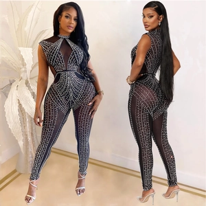 Elegant Mesh Rhinestone Jumpsuit For Women Sexy See-through Mock Neck Sleeveless Long Pants Jumpsuit Party Stage Outfit