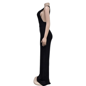 Detailed close-up of side cutout design and sleeveless collar on black maxi dress