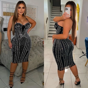 Women's sexy black bodycon midi dress with silver rhinestones and spaghetti straps