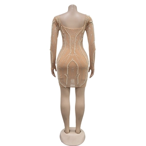 Detailed back view of a nude bodycon dress featuring elegant pearls and silver rhinestones