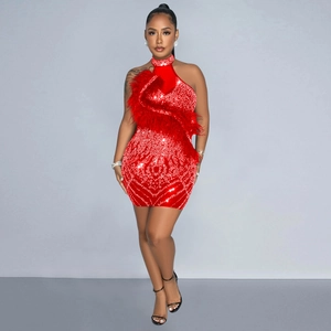 Détail de la mini-robe rouge à paillettes avec encolure en plumes et design dos nu