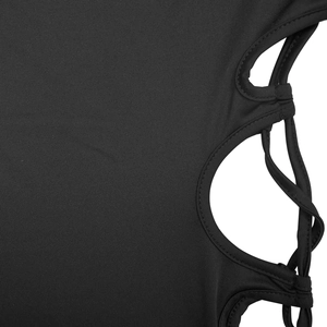 Detail of black knit dress side cutout with criss-cross lace-up straps and fine stitching