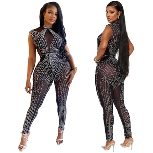 Women's black mesh jumpsuit with silver rhinestones, mock neck sleeveless party style