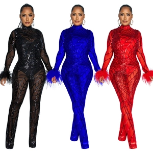 Detail view of mesh jumpsuits featuring sequined grids and fluffy feather cuffs in three colors