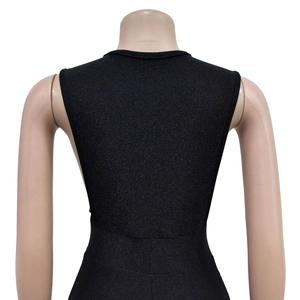 Close-up of a sleeveless black glitter maxi dress back view with a subtle split
