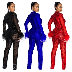 Women's slim fit mesh jumpsuit with sequins and feather cuffs in red blue and black
