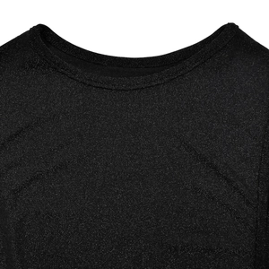 Close-up of a black crew neck dress featuring sparkly metallic knit fabric texture
