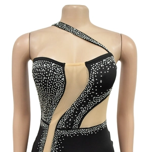 Detailed view of silver rhinestones and sequins on black mesh slim-fit party dress