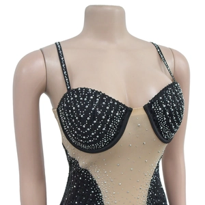 Détails des paillettes sur robe moulante en mesh avec fines bretelles et tulle