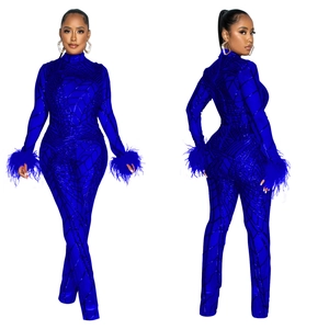 Detail of royal blue jumpsuit showing mesh texture and luxurious feather cuffs